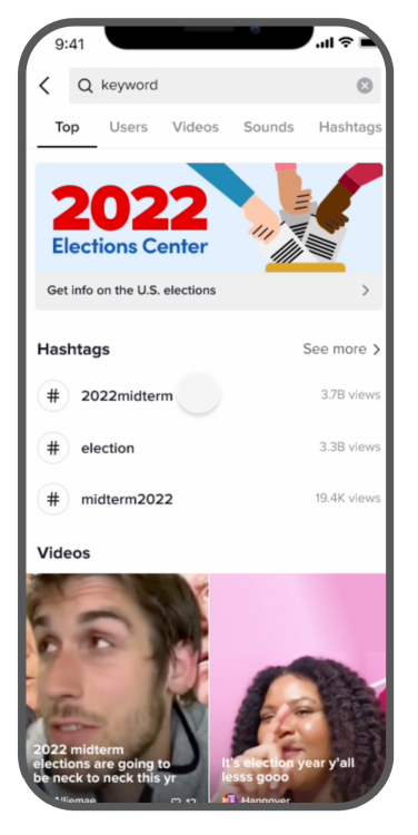 Screenshot of the TikTok explore page showing the Elections Center on TikTok.
