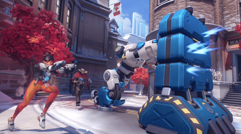 An Overwatch 2 image of the Push gamemode with Clive the Robot and Tracer in the foreground