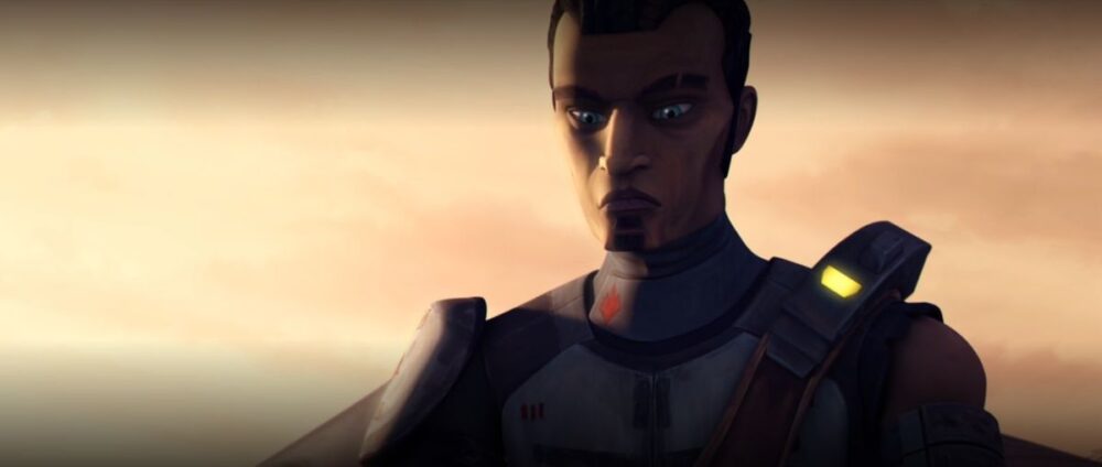 Saw Gerrera looks down as Jedi enter his rebel camp in Star Wars: The Clone Wars
