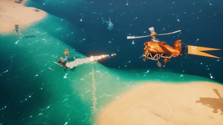 Warpaws preview: a cat in shallow waters fires an RPG at a dog-piloted helicopter as a shark looks on