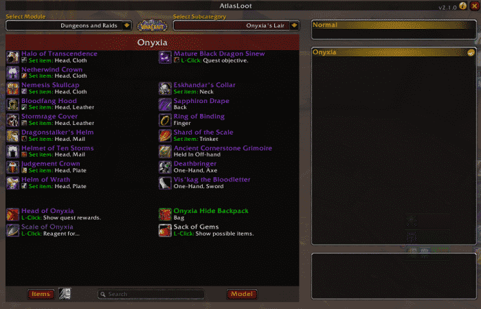 An inventory page from World of Warcraft Classic with the Atlas Loot add-on.