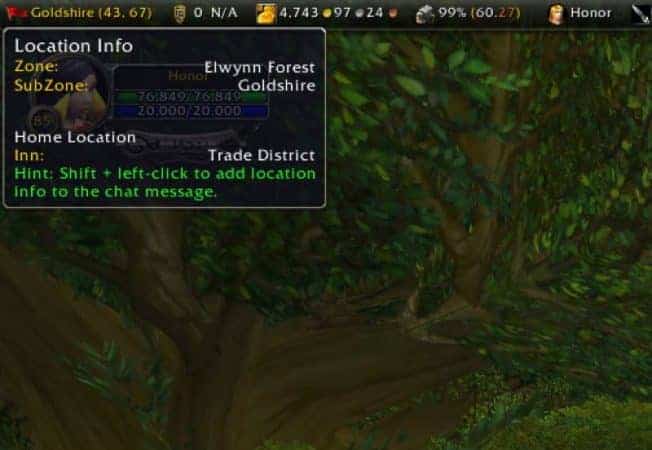 A screenshot from WoW Classic showing the location info for Elwynn Forest with the TItan Panel add-on.