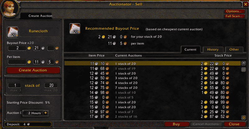 A screenshot of the WoW Classic auction house with the Auctionator ClassicFix add-on.