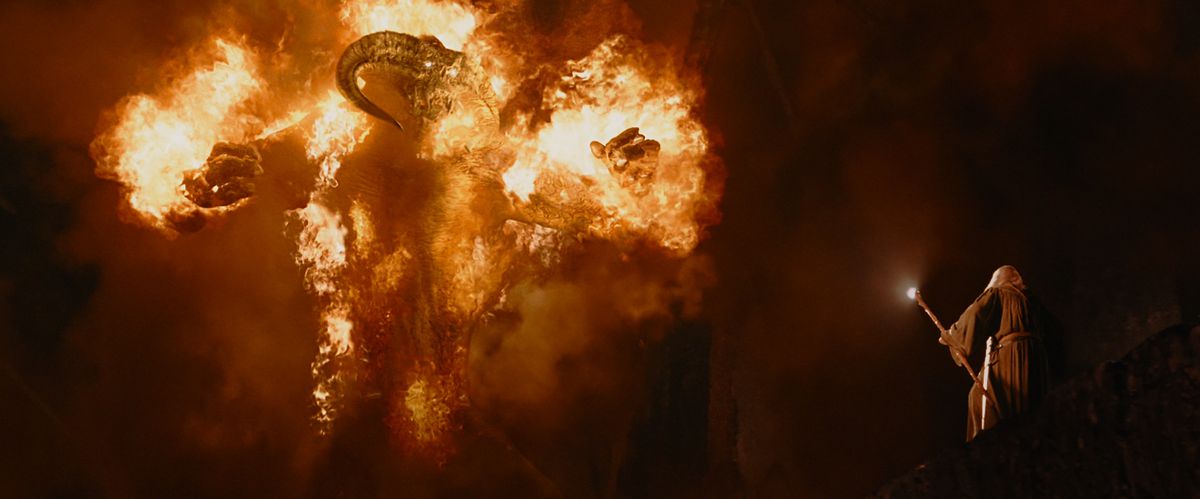 Balrog attacks Gandalf in the mines of Moria in Lord of the Rings: The Fellowship of the Rings
