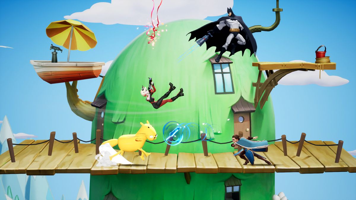 Batman, Harley Quinn, Jake the Dog, and Arya Stark battle in a screenshot from MultiVersus