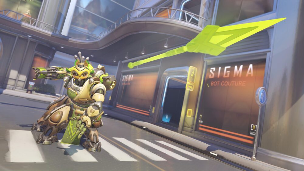 Orisa, a robot mech, throws a javelin spear toward the camera, showcasing her new abilities in Overwatch 2
