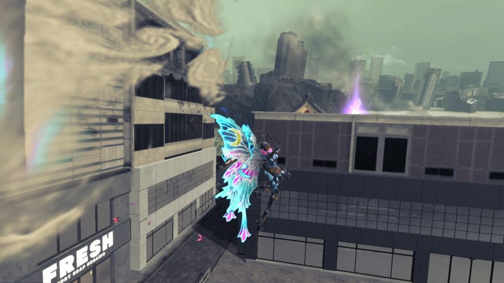 Bayonetta, wearing butterfly wings, leaps between two rooftops in Bayonetta 3.