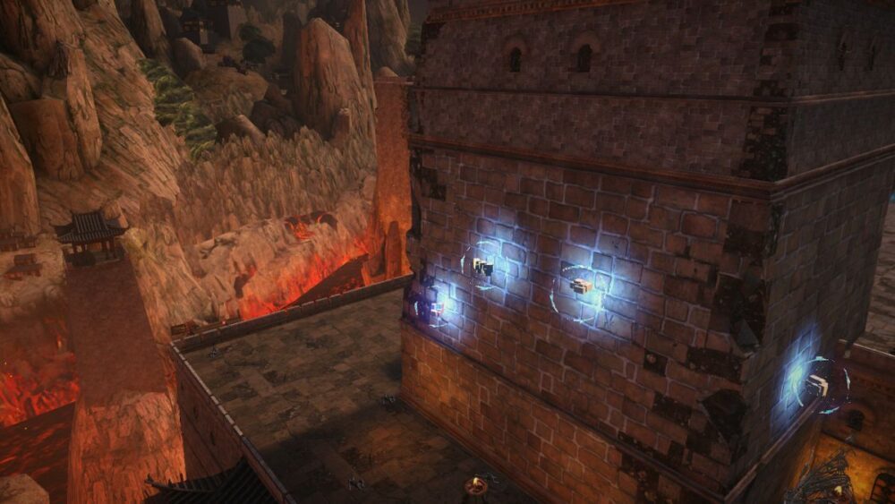 A castle rampart shows five glowing orbs in Bayonetta 3.