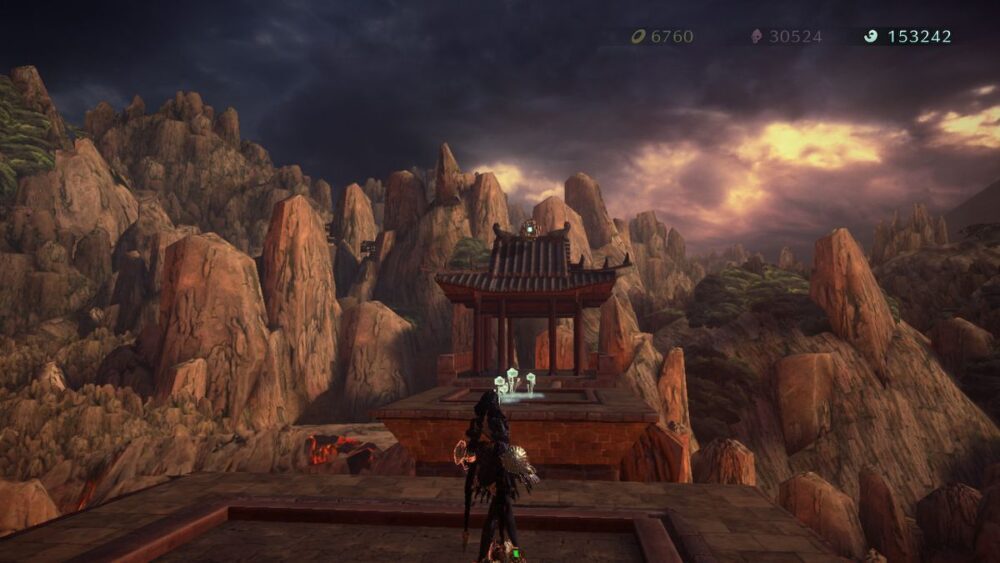 Bayonetta stands on a castle rampart and gazes at a shrine in Bayonetta 3.