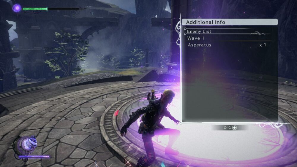Viola stands near a pool of glowing purple energy in Bayonetta 3.