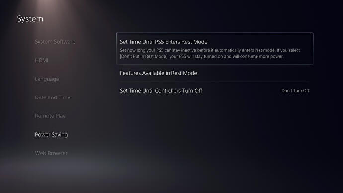 A screenshot of the PlayStation 5 power options.