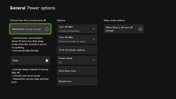 An Xbox Series X menu showing the power mode options available.