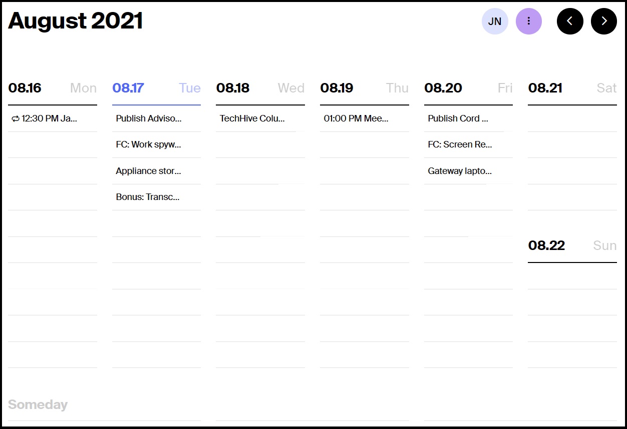 Tweek app showing a weekly calendar view for agenda items.