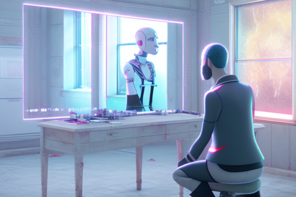 Human looks into robot in mirror