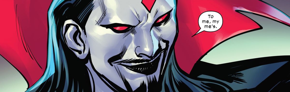 Mister Sinister smiles smarmily into the “camera” as he says “To me, my me’s” in Sin of Sinister #1 (2023). 