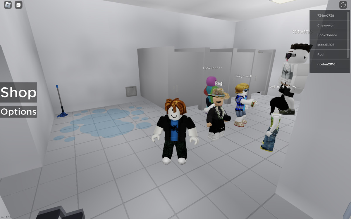 An image of a game in Roblox called Public Bathroom Simulator. A group of characters hang out in a bathroom and there’s a puddle on the floor.