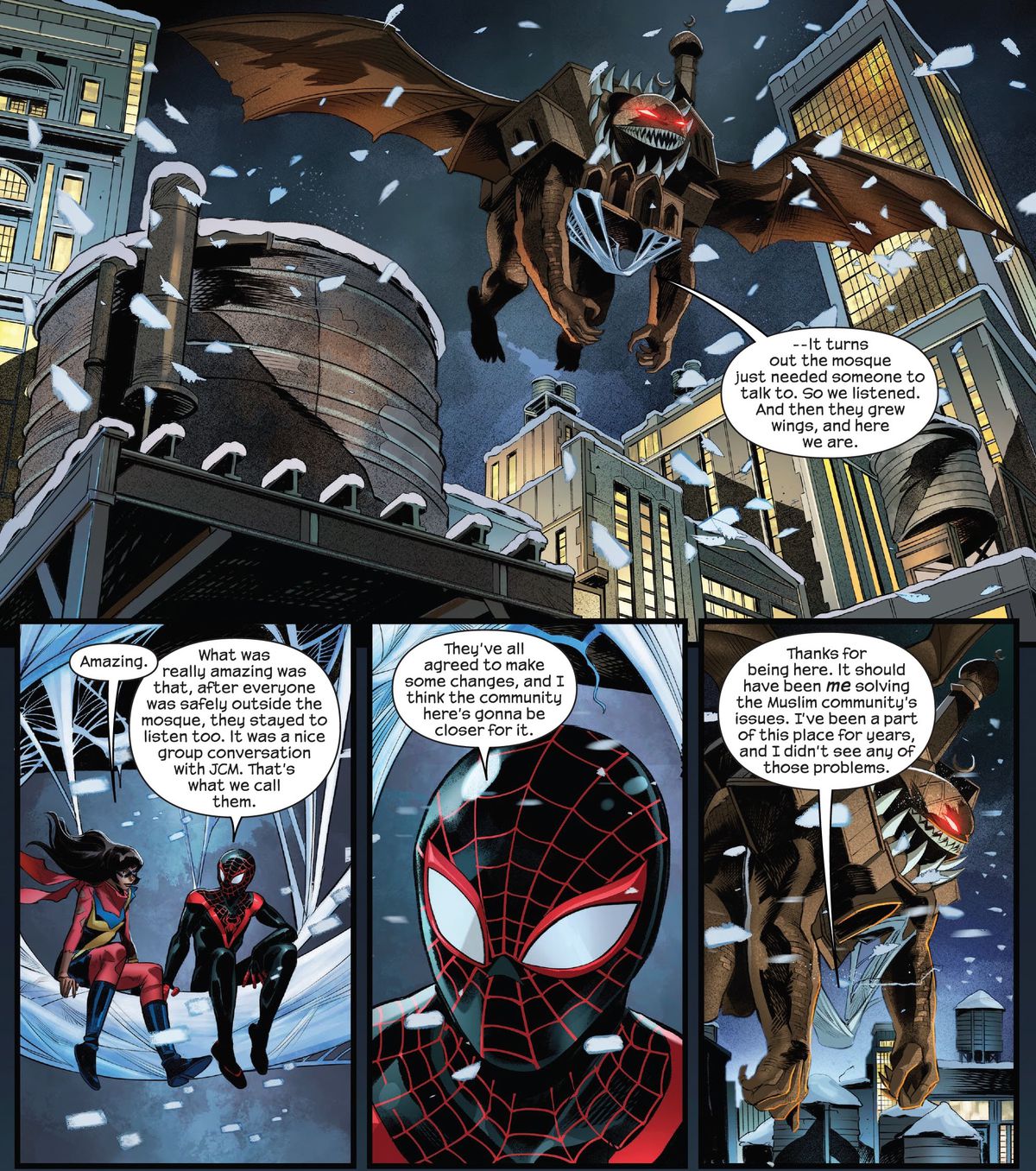 Miles Morales/Spider-Man and Ms. Marvel chat about how Miles helped her mosque’s congregants make friends with their mosque, which has been given life in the form of a huge fanged demon. They are sitting on a swing made of spider-webs as it flies back to Jersey City in Dark Web: Ms. Marvel #2. 