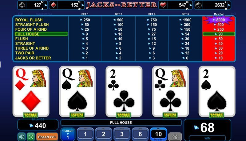 screenshot of video poker game