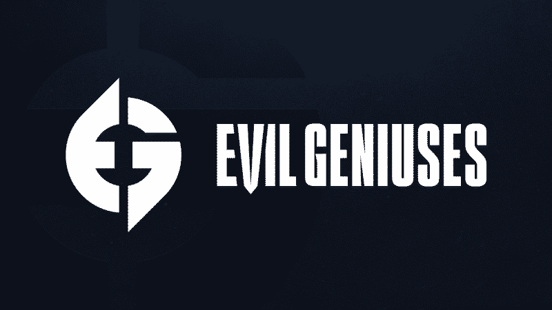 Evil Geniuses The EG logo, an E and G lining up in a circle, is pictured next to the words Evil Geniuses on a dark background