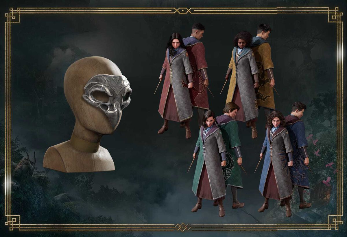In game rewards for Hogwarts Legacy, beaked mask and 8 students standing menacingly