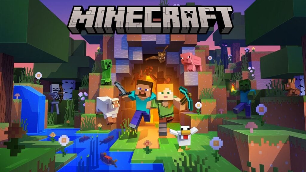 Feature image for our Minecraft Java Edition Android guide. It shows two Minecraft characters in a blocky forest with a river.