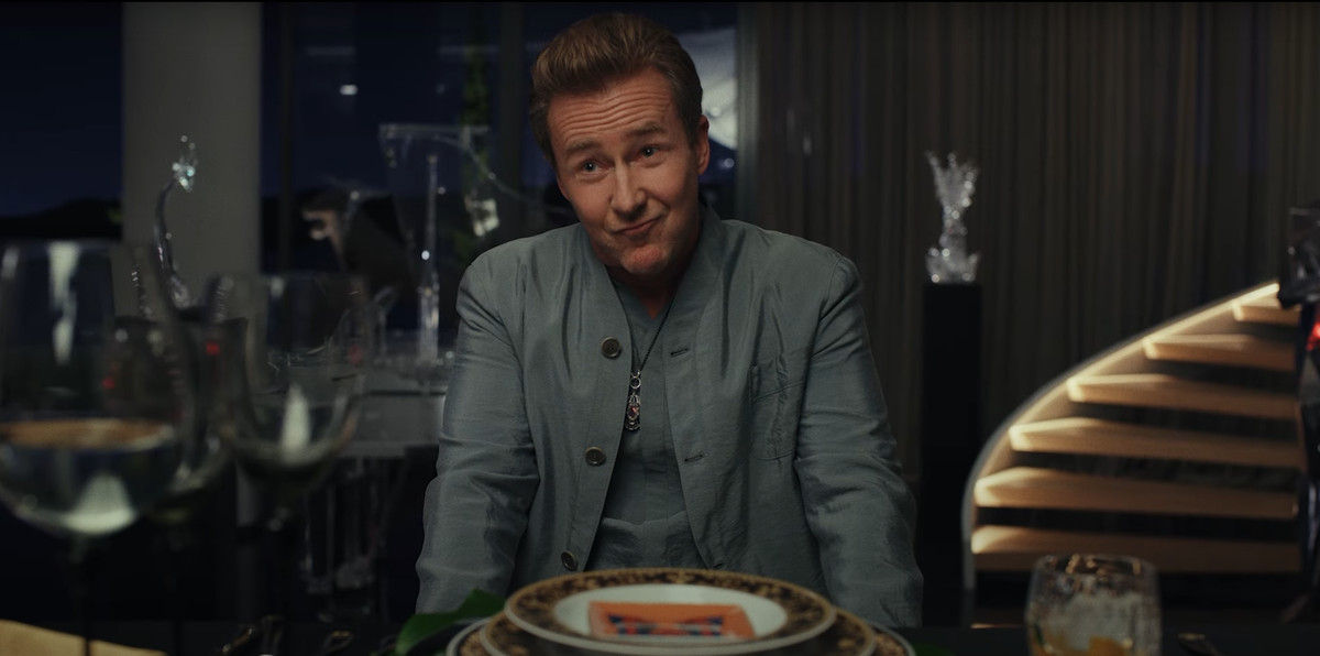 Edward Norton makes a face in the trailer for Rian Johnson’s Glass Onion