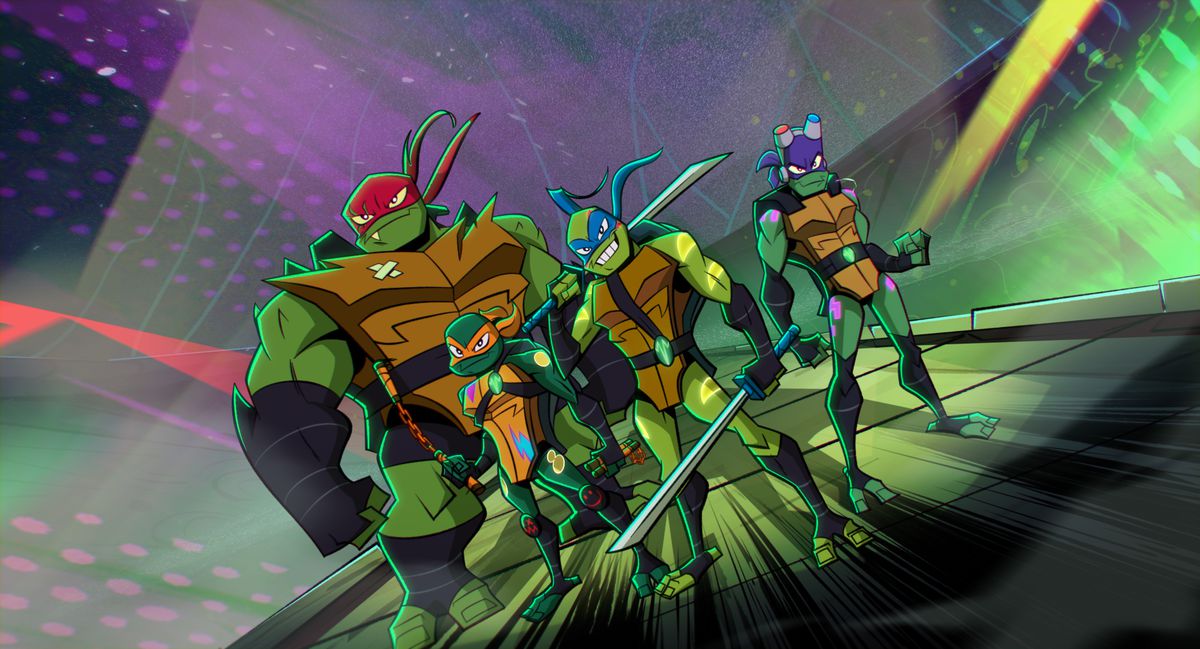 The turtles in Rise of the Teenage Mutant Ninja Turtles: The Movie prepare to fight, with their weapons drawn, in a colorful city scape filled with lights.