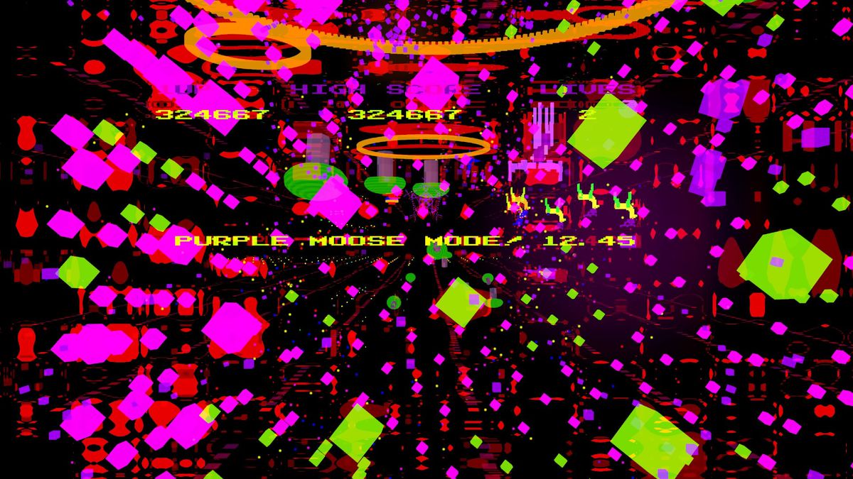 A blizzard of colored squares and upside down llama sprites, with scores and the text “Purple Moose Mode”