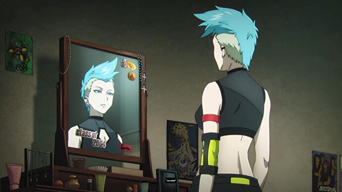 Wanted: Dead review - a character looks at herself in the mirror in an anime-style cutscene