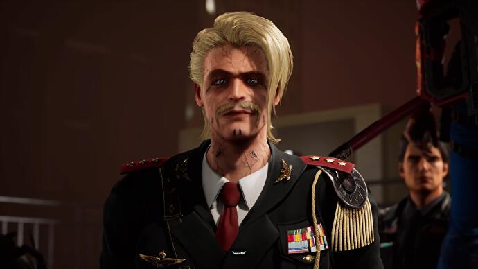 Wanted: Dead review - a blonde-haired man with USB ports on his face and a sinister-looking military uniform
