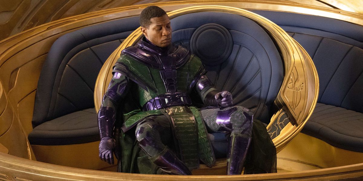 Kang sits in his multiversal space ship throne in Ant-Man and the Wasp: Quantumania