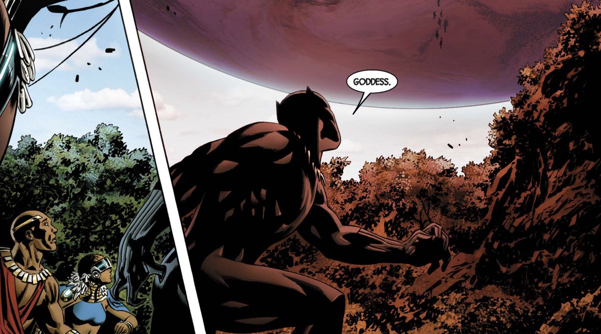 “Goddess,” Black Panther swears in horror as another Earth, huge and ominous, appears in the sky above Wakanda in New Avengers #1 (2013).