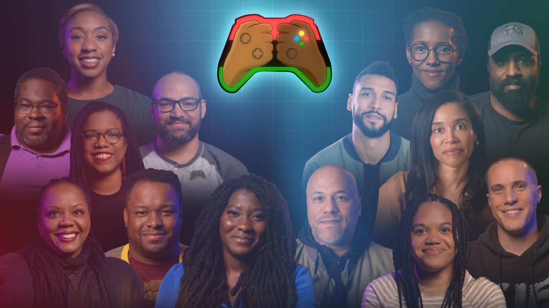 An Xbox controller with two closed hands over it with varying skin tones and the words “Project Amplify” on a background featuring the profile images of 14 people.