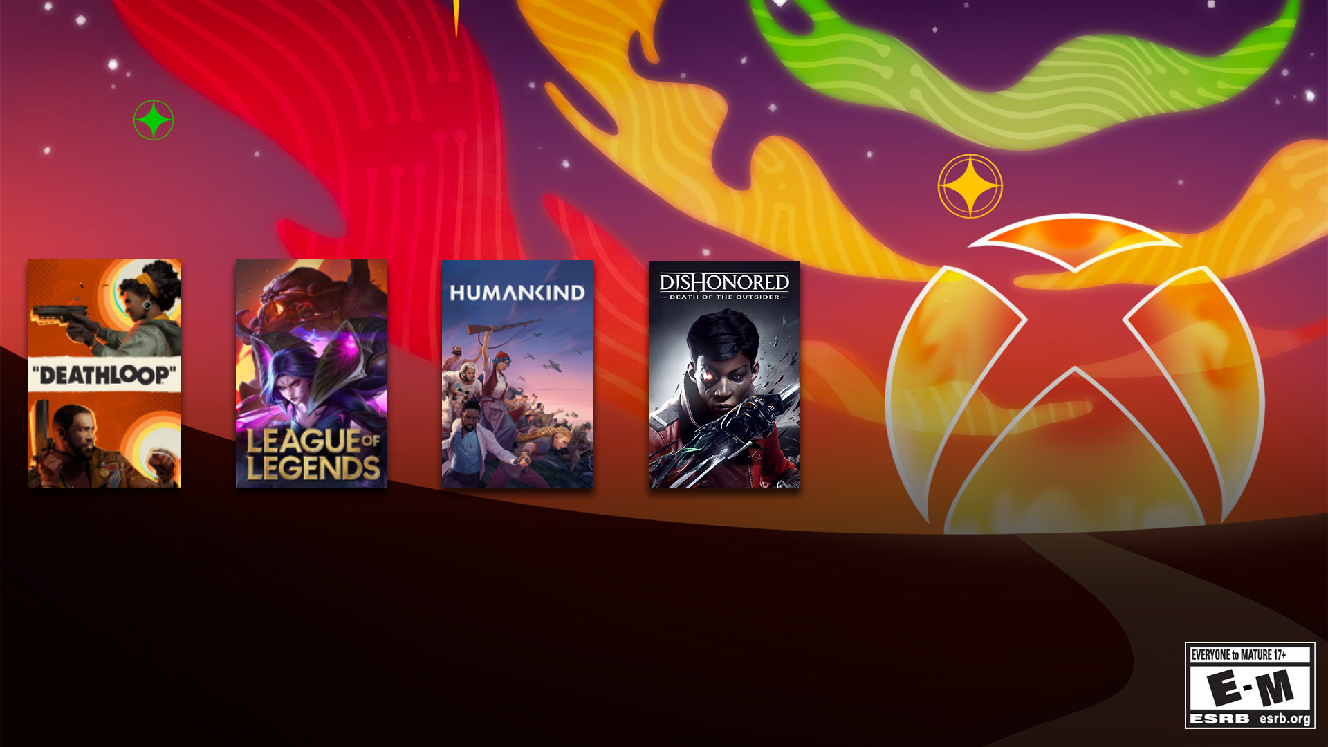 The Xbox logo stylized in celebration of Black History month featuring a nexus with a red and orange sunset overlayed with the box art for the games Deathloop, League of Legends, Humankind, and Dishonored: Death of an Outsider.