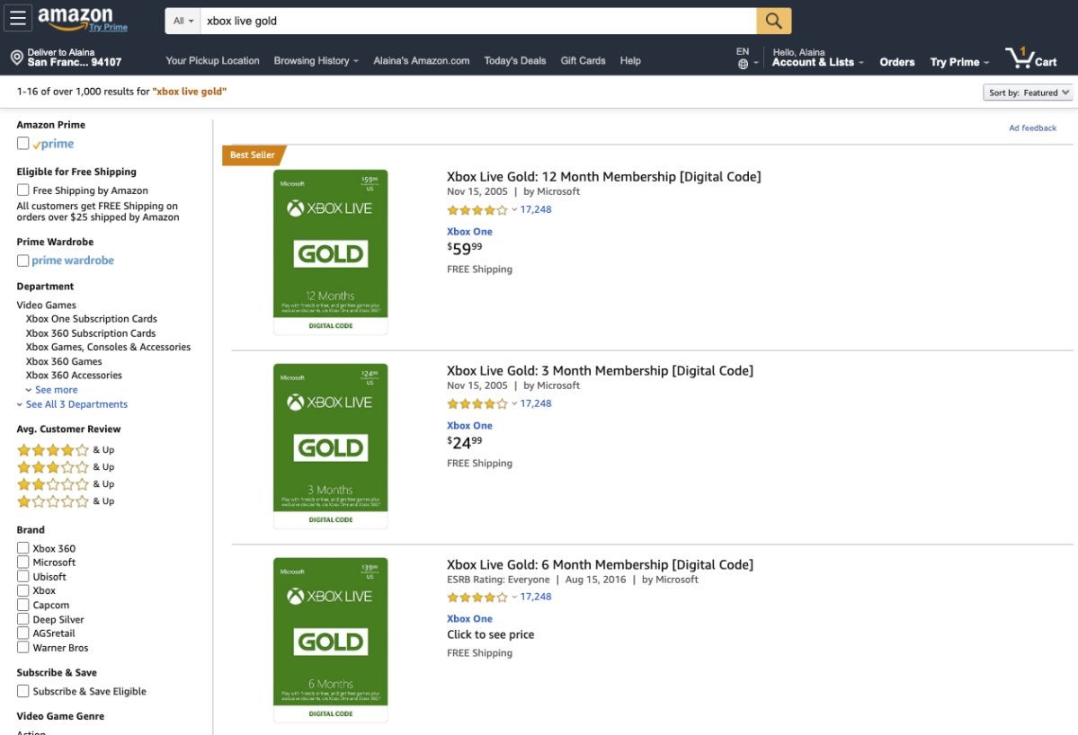 Amazon Xbox Live Gold digital codes