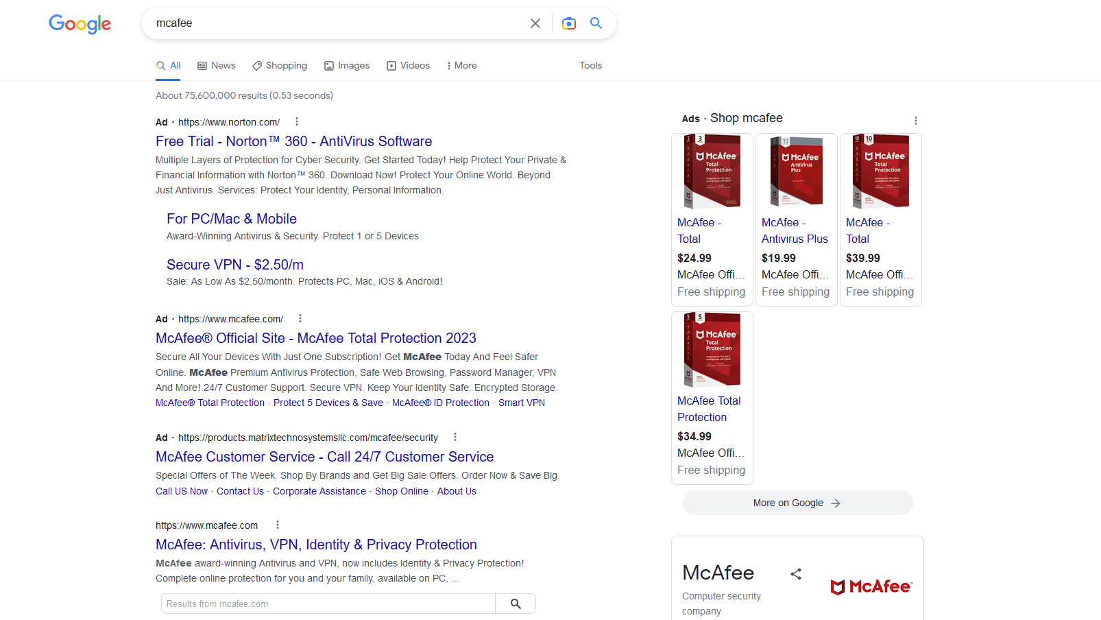Results for "mcafee" in Google