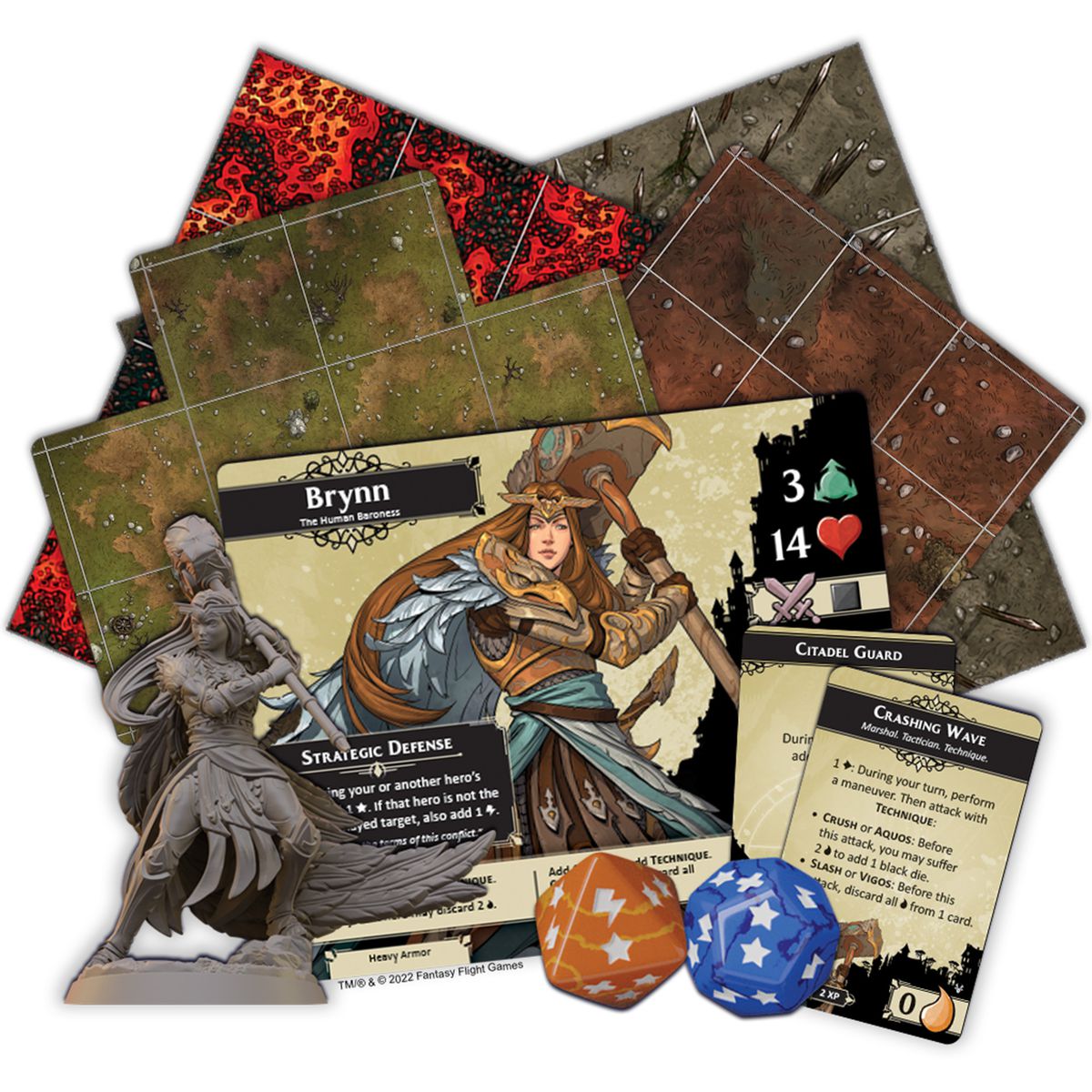 Tiles and a player card, plus a few custom dice, for Descent Act 2: The Betrayer’s War. 
