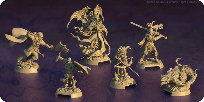 Renders of several miniatures, including an imposing armored knight, a skeleton with an axe, and a large winged demon creature with bells on its robes.