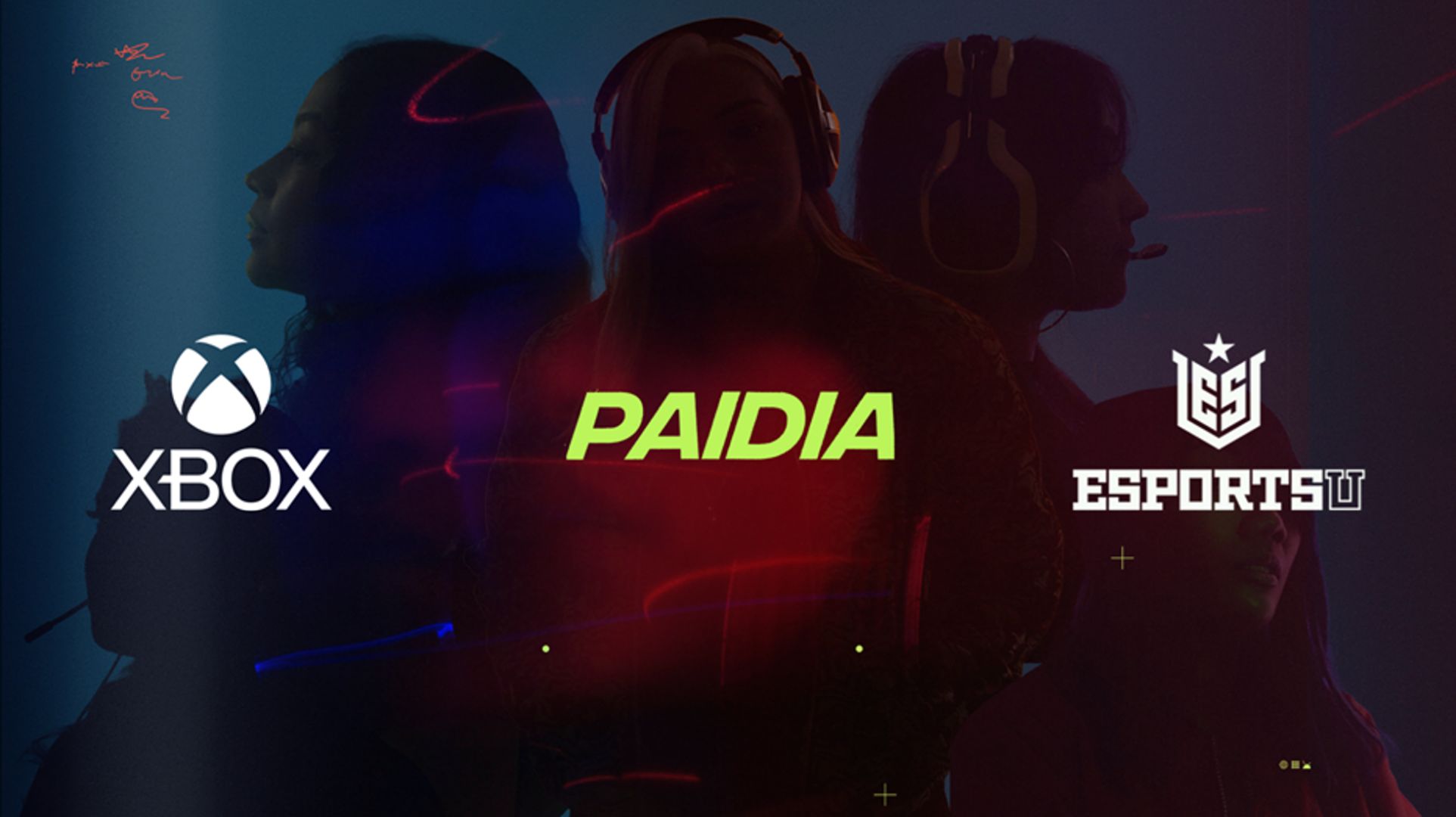 Xbox, Paidia, and EsportsU logos over image of five women gamers signifying partnership to empower and amplify opportunities for women in gaming.