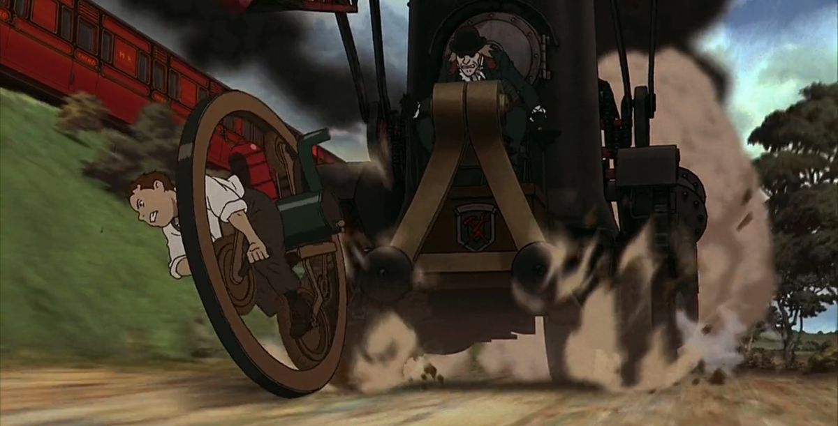 An anime boy (Edward “Eddy” Steam) pilots a monowheel vehicle while being pursued by a monstrous steam-powered vehicle in Steamboy.