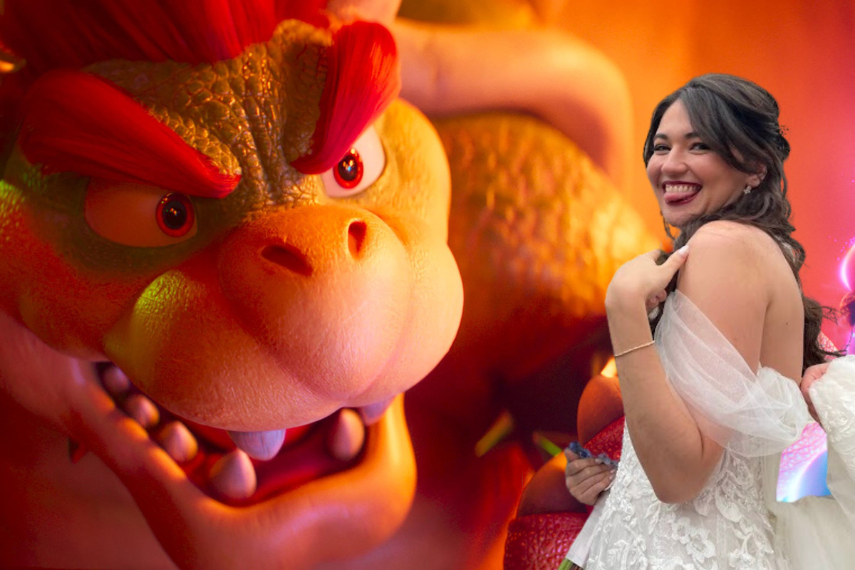 an image of bowser in the super mario bros. movie, with the photo of a real life woman in a wedding dress photoshopped next to him