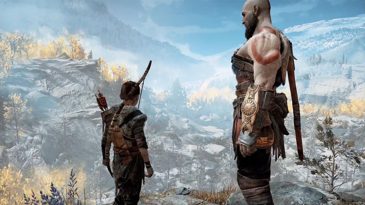 Kratos and Atreus gaze out over the Nordic landscape, after having scattered Faye’s ashes, in God of War (2018)