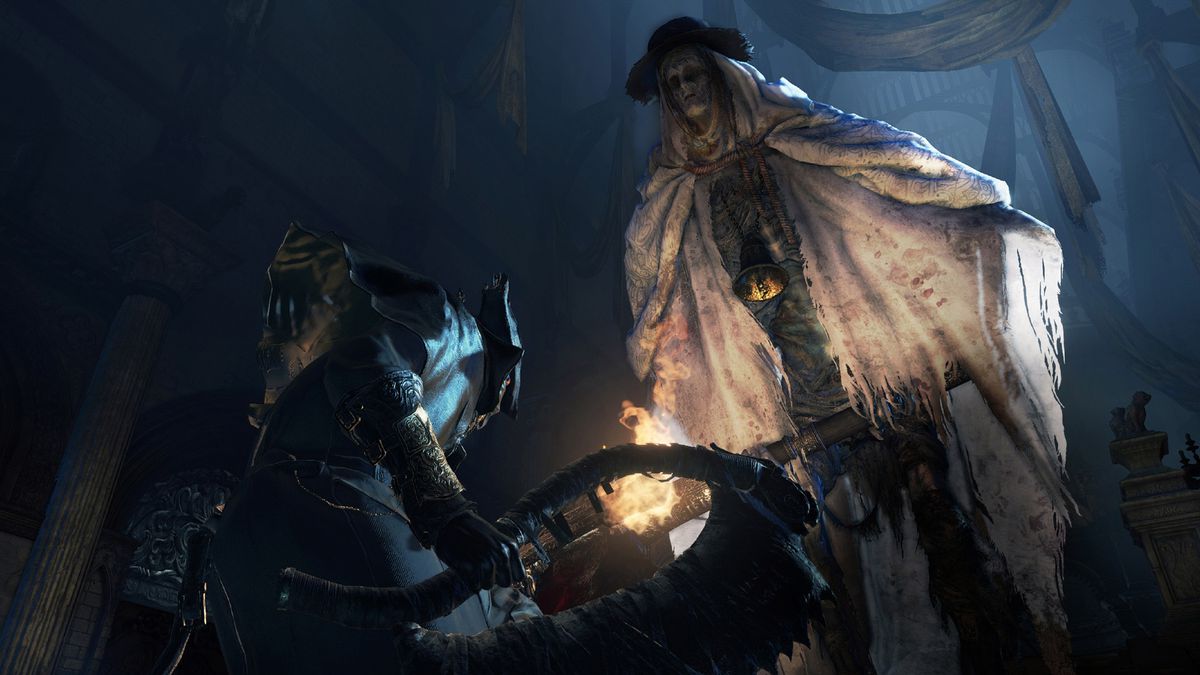 confronting a very tall enemy in Bloodborne