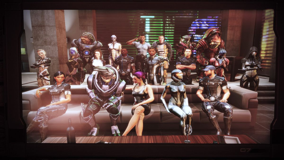 all the mass effect characters taking a photo after a total rager