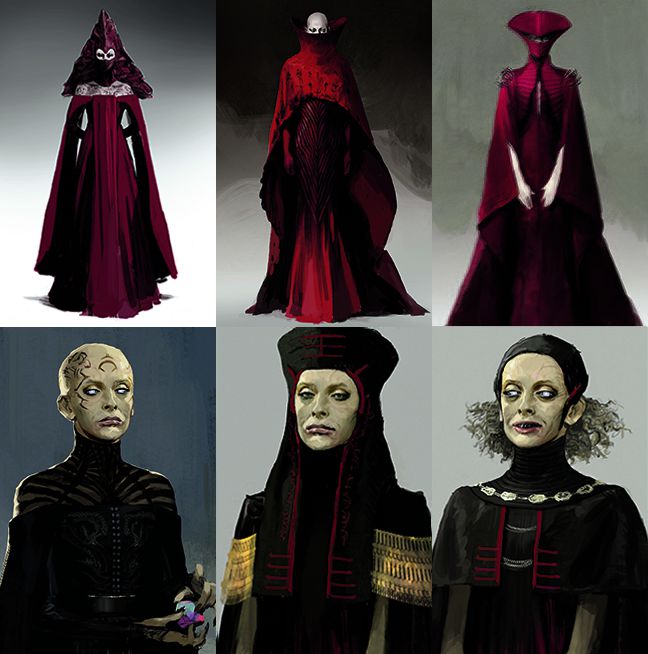 Six designs for Sofina, the Red Wizard in Dungeons and Dragons: Honor Among Thieves — they explore different hair styles and silhouettes for her dress and headpiece.