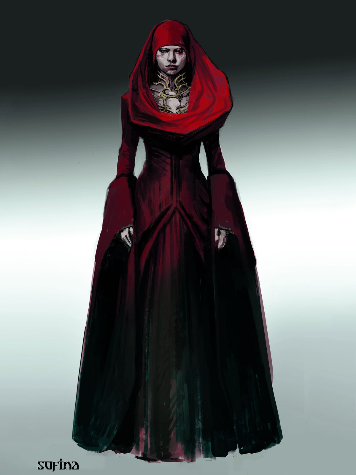 Concept art of Sofina, a Red Wizard of Thay in Dungeons and Dragons: Honor Among Thieves. She wears a long red-black dress like her final movie look, with a skullcap.