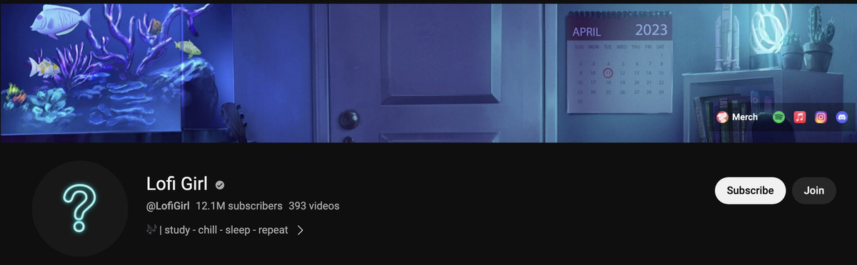 A screenshot of the Lofi Girl Youtube page banner, which has changed its profile picture to a “?” and the lead photo to a wall with a closed door, a fishtank, and a calendar for April 2023 with the date April 11 circled in big red ink