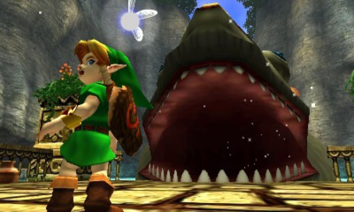 Link turns to run away from Jabu-Jabu as the giant fish prepares to inhale him in The Legend of Zelda: Ocarina of Time 3d