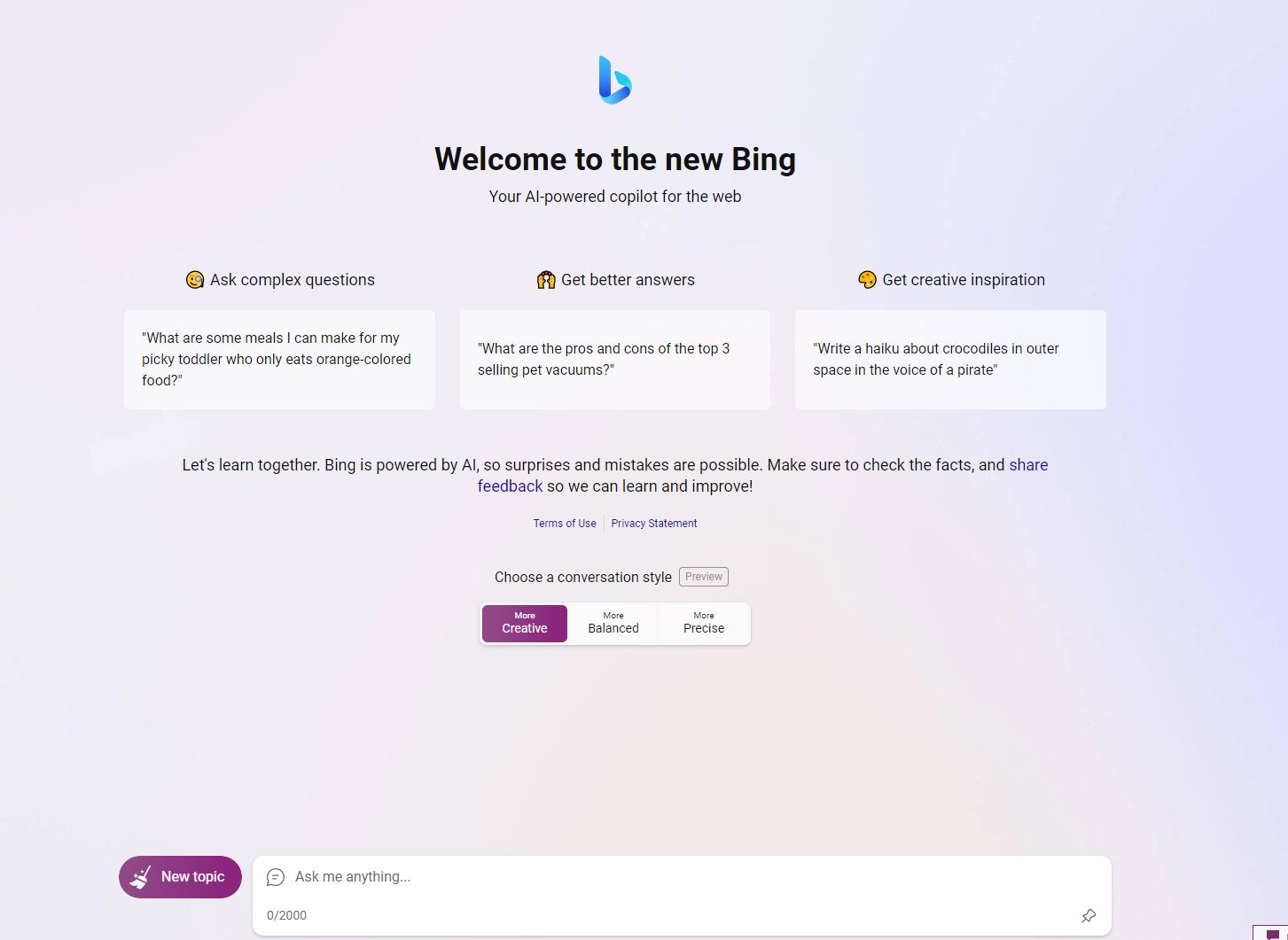 New Bing Chat AI interface screenshot