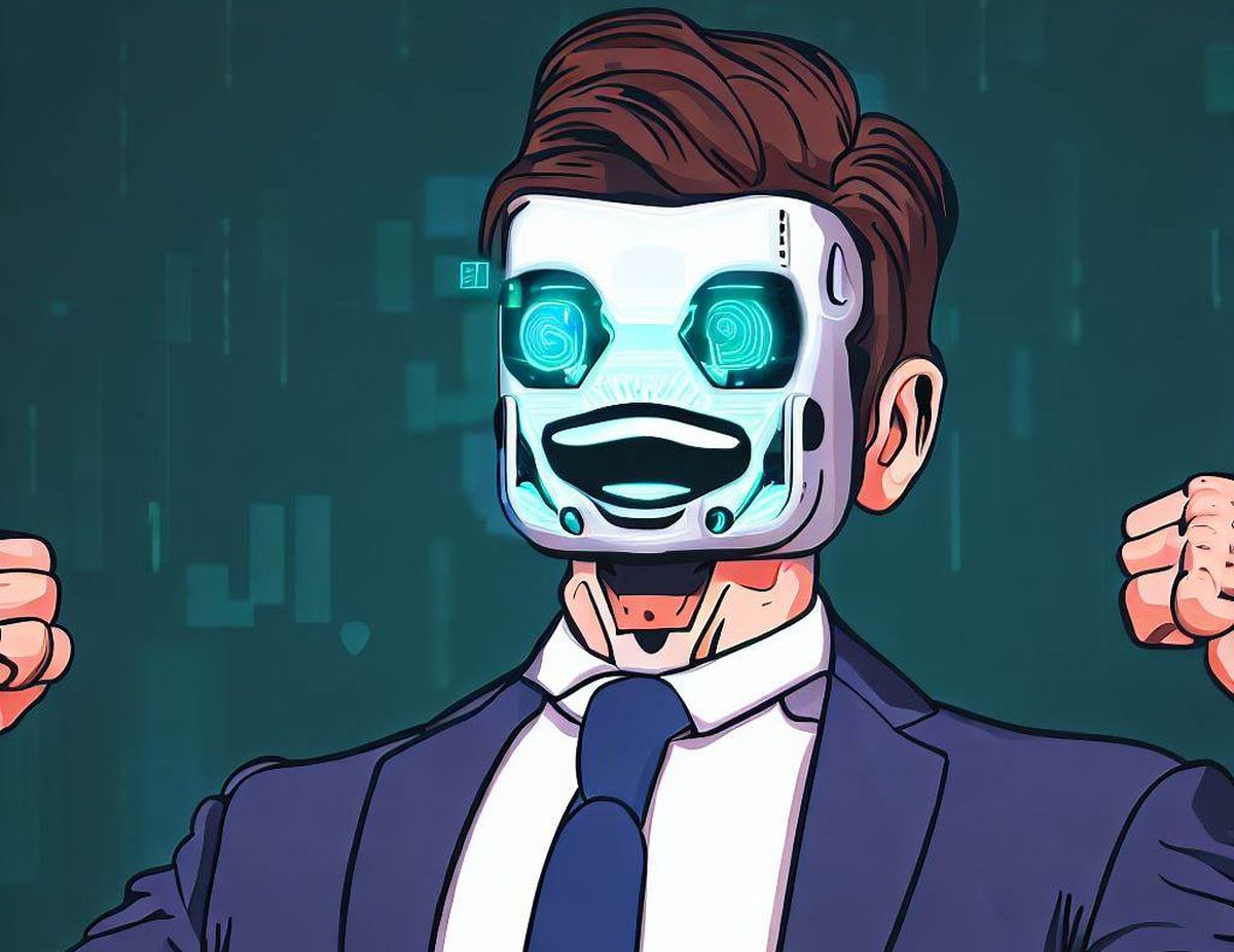 An exuberant bot in a suit, AI art cartoon